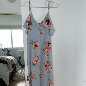 Aqua floral cocktail dress with off the shoulder sleeve